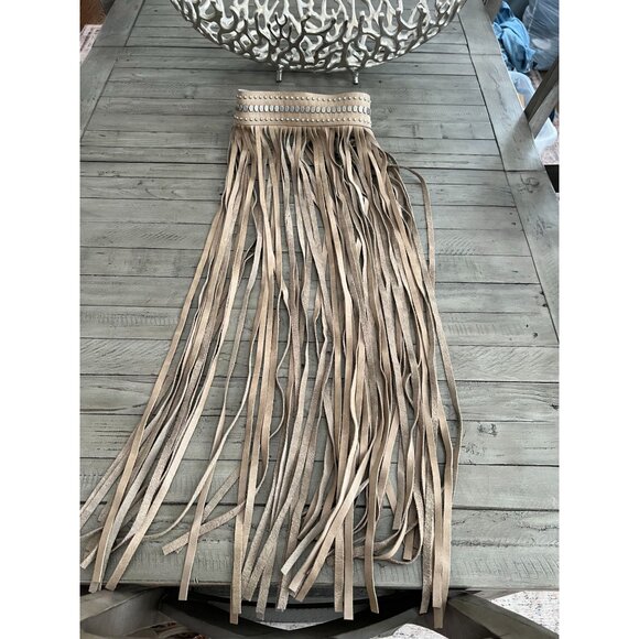 STREETS AHEAD Fringe Studded Long Leather Belt Festival Beige Silver Size Small - Picture 5 of 11